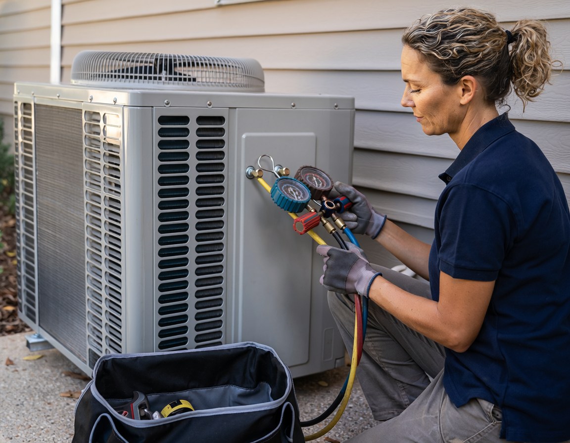 A technician checking refrigerant gauges on an outdoor air conditioning unit beside a house