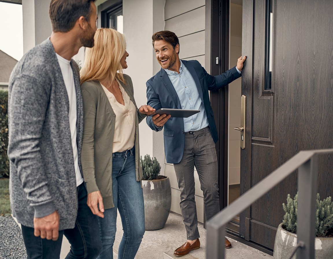 A real estate agent holding a tablet and welcoming a couple at a front door